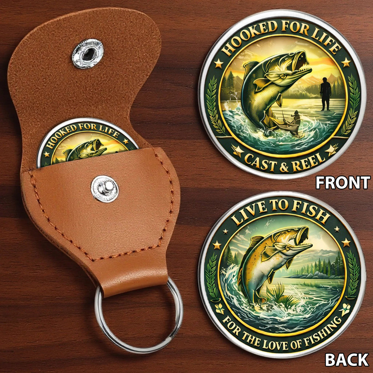 Hooked For Life Printed Commemorative Coin With Pocket Hug Leather Keychain