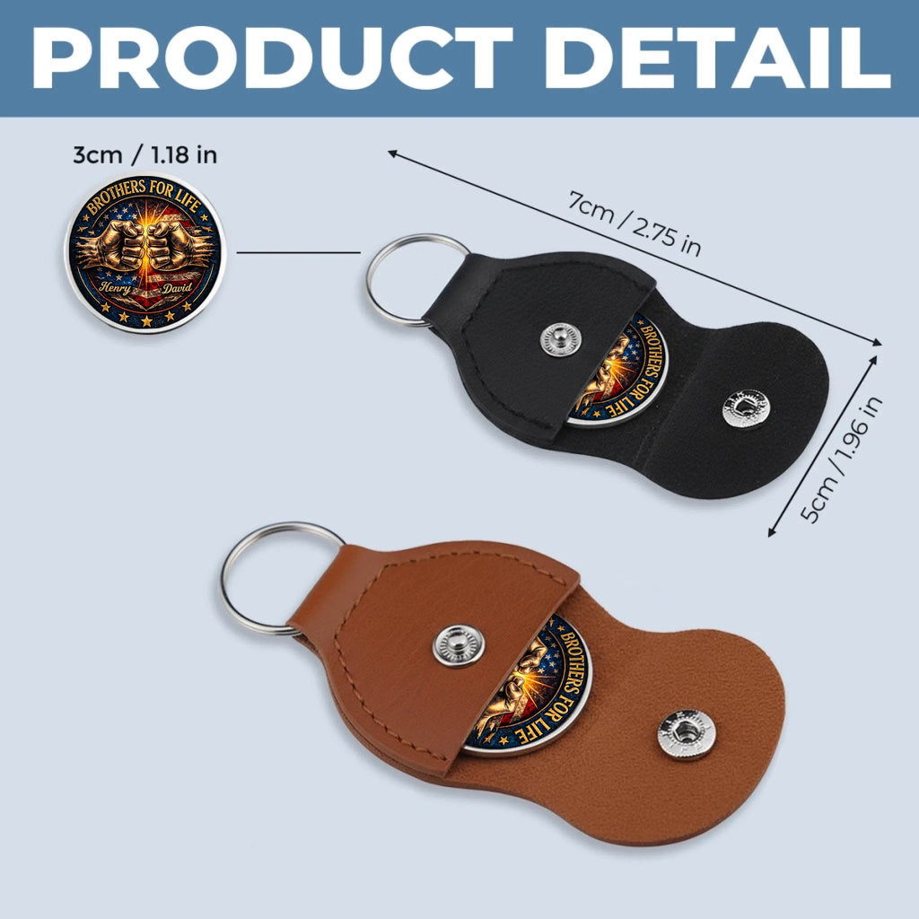 Brothers For Life Printed Commemorative Coin With Pocket Hug Leather Keychain