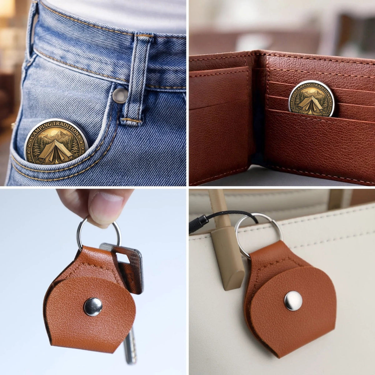 Camping Tradition Printed Commemorative Coin With Pocket Hug Leather Keychain
