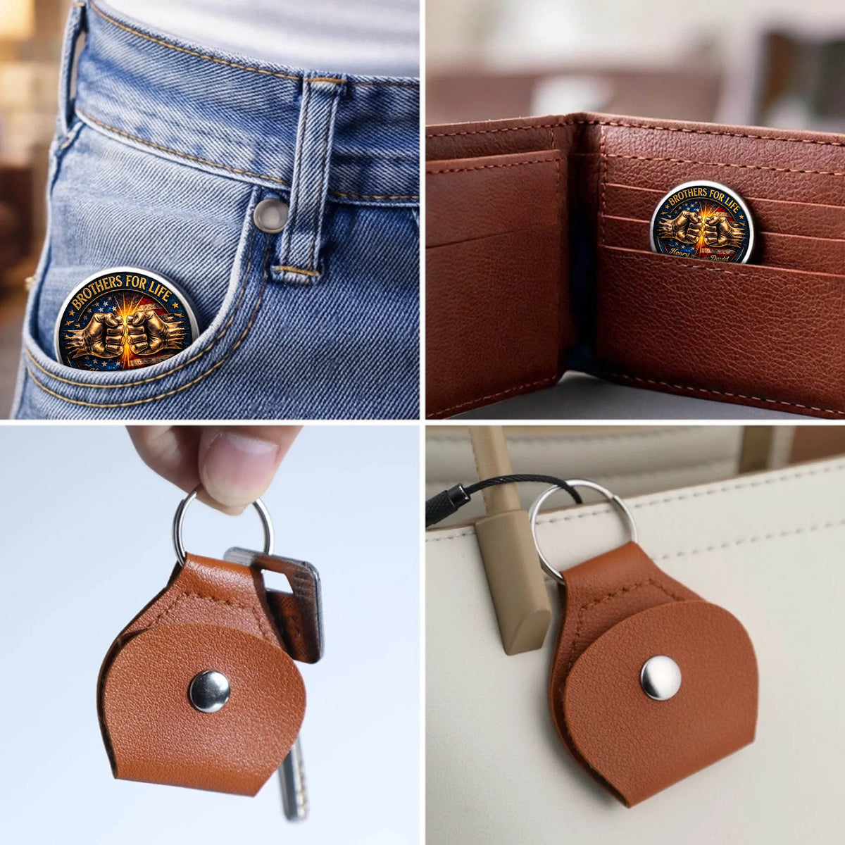 Brothers For Life Printed Commemorative Coin With Pocket Hug Leather Keychain