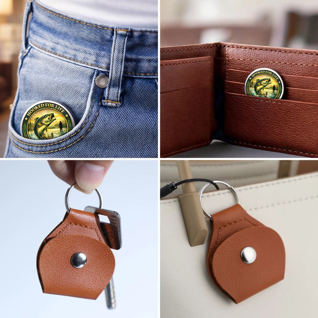 Hooked For Life Printed Commemorative Coin With Pocket Hug Leather Keychain