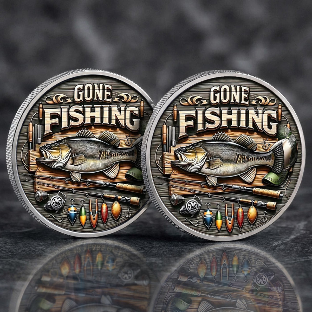 Gone Fishing Printed Commemorative Coin With Pocket Hug Leather Keychain
