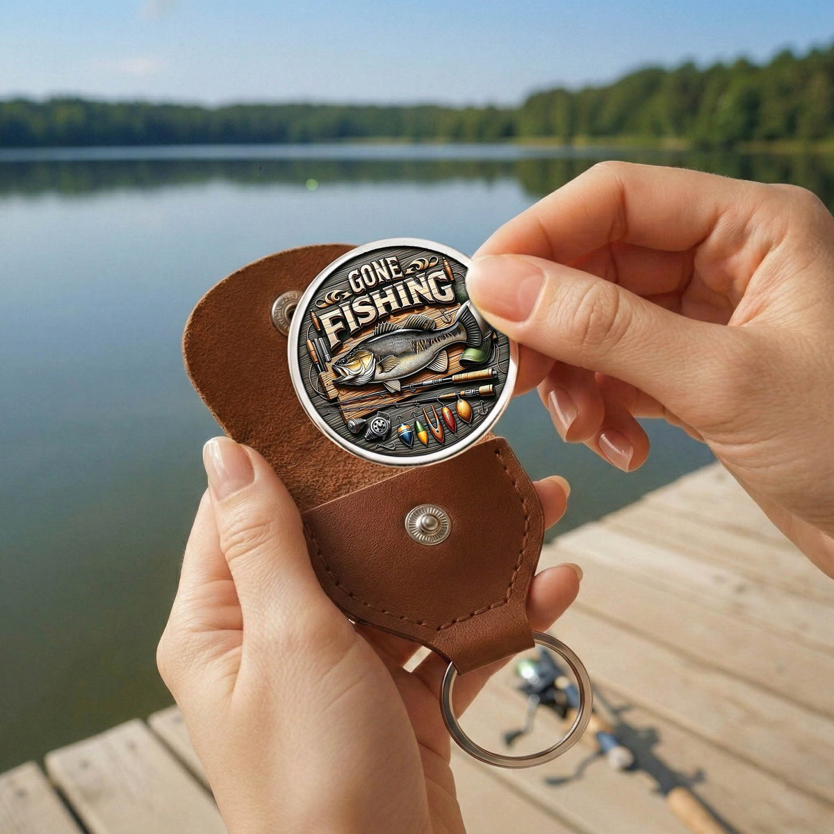 Gone Fishing Printed Commemorative Coin With Pocket Hug Leather Keychain